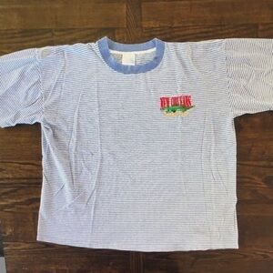 Men's Light Blue Striped Ringer Tee with Embroidered Chest Logo